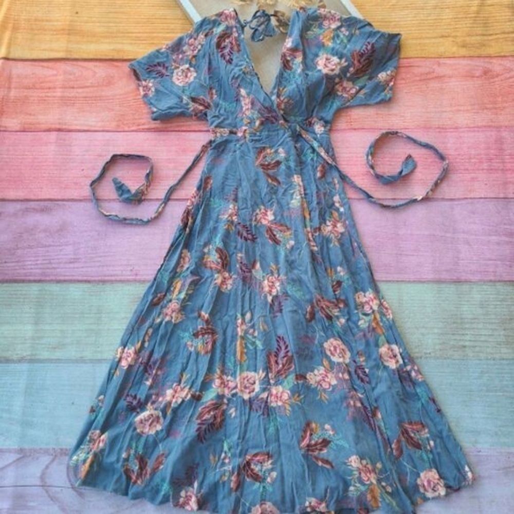Skylar + Madison Blue‎ Floral Wrap Open Back Boho Maxi Dress Small Summer